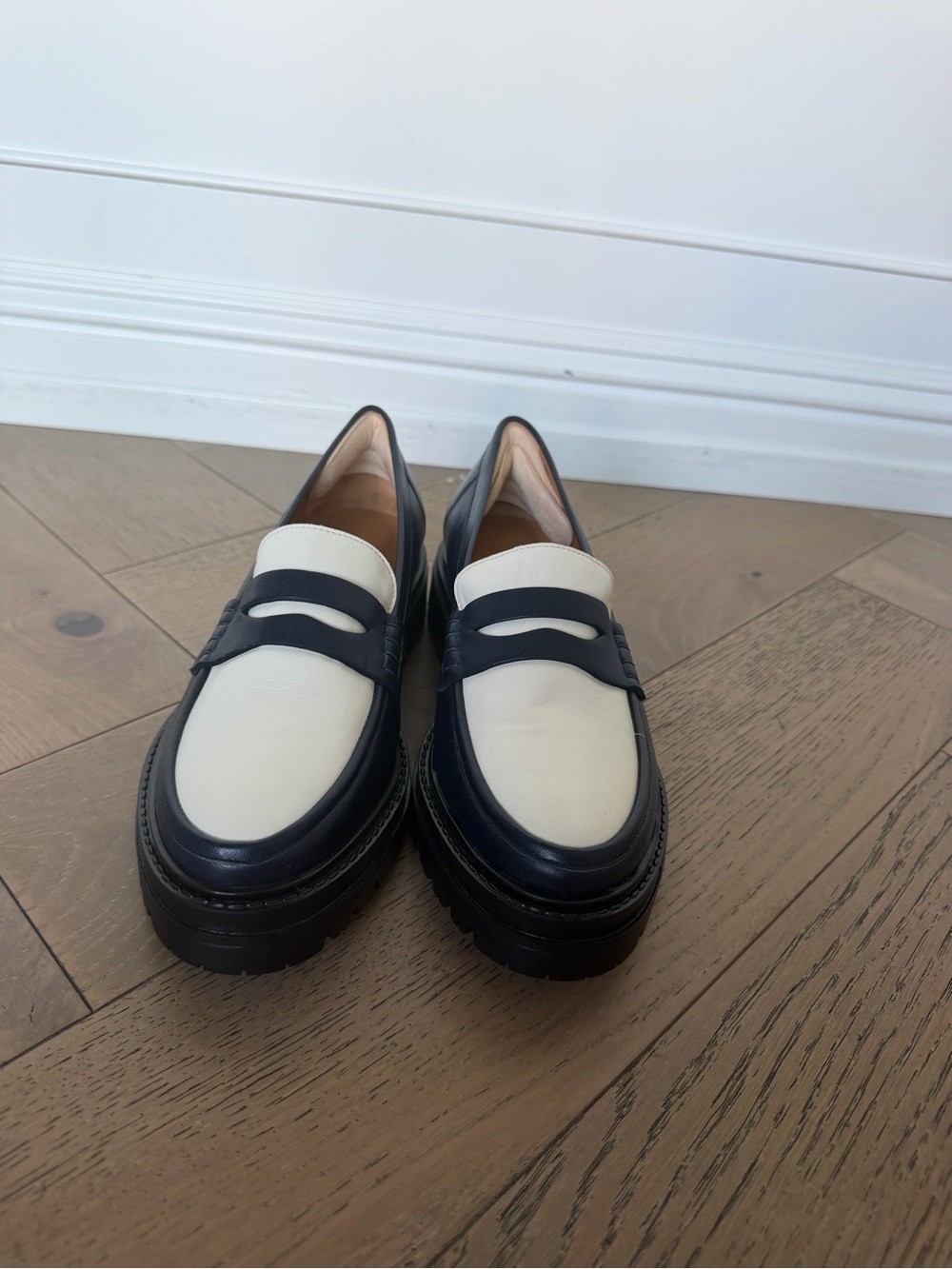 Two-Tone Navy and White Leather Lug Penny Loafers